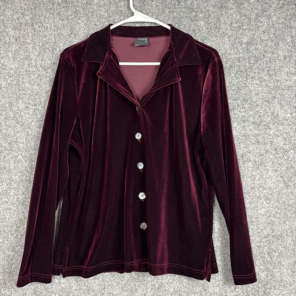 Vintage Studio Velvet Top Blouse Jacket  Womens Size L Burgundy USA Button